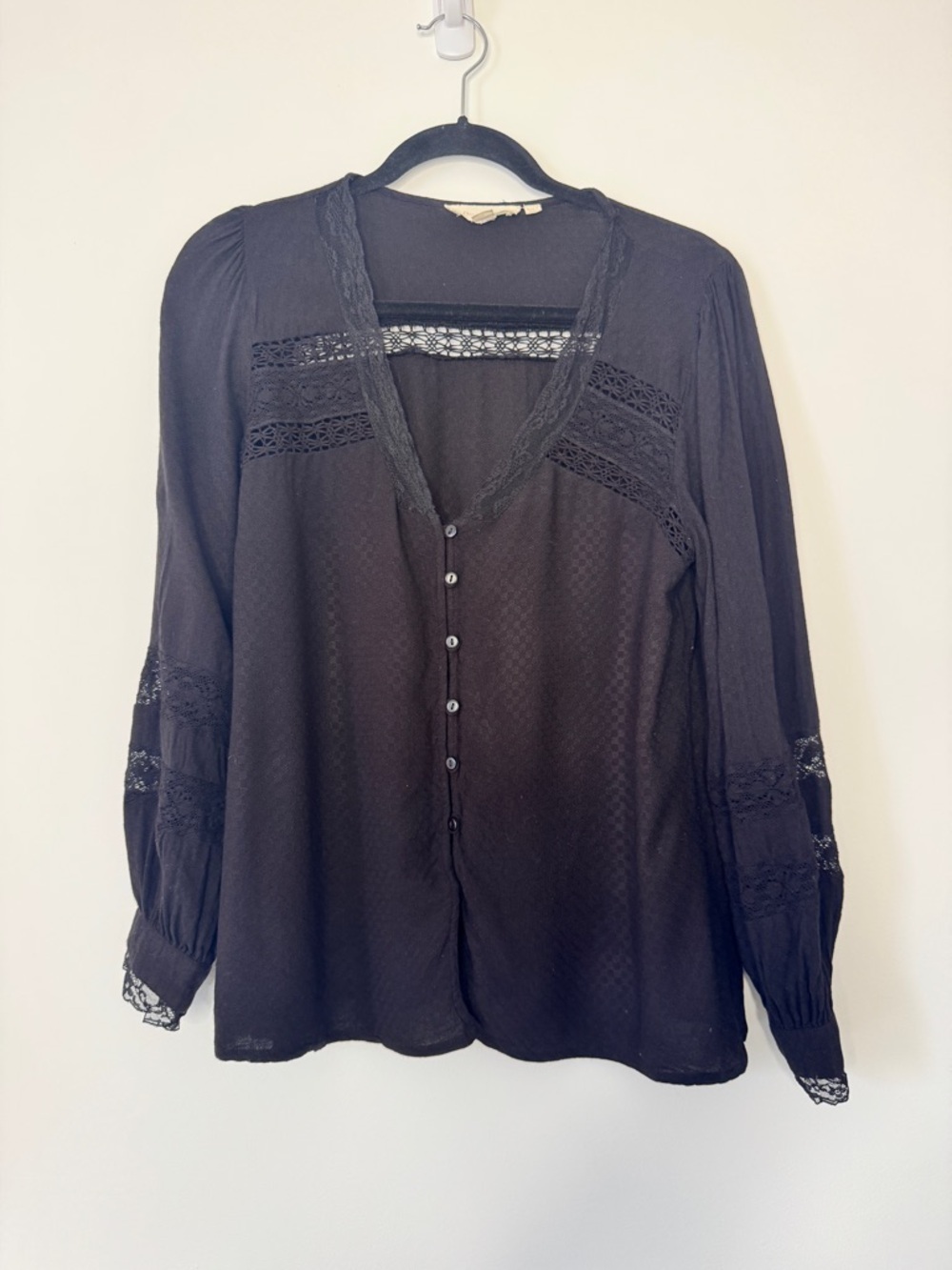 Anthropologie Forever That Girl Blouse Black Lace Swiss Dot Lightweight Sz M